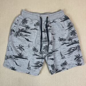 10 Deep Short Mens M Gray Island Print Elastic Waist Fleece Sweat Short 9"